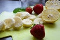 Strawberry and banana smoothie in the jar. Ingredients for making smoothies strawberry banana, frozen berries in a blender on a