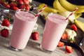 Strawberry Banana Smoothies with Ingredients Royalty Free Stock Photo