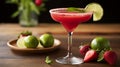 a strawberry basil margarita, adorned with lime and a salted rim--an ideal spring or summer cocktail or mocktail, AI-generated