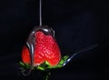 Strawberry Being Covered with Thick Dark Chocolate