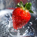 A strawberry is being splashed by water