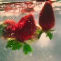 Strawberry berries in clear water, blurred background