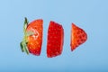 Strawberry berry cut into pieces, levitation, creative. Ripe fresh strawberry Clipping Path. Professional studio macro