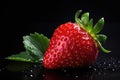 Fresh strawberry fruit with water droplets on black background. Generative AI Royalty Free Stock Photo