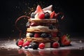 Strawberry, blackberry, blueberry, strawberry and chocolate cake on wooden table, Indulge in the dessert\'s exquisite