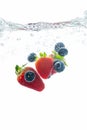 Strawberry and Blueberry Splashing into Water, summer beverage Royalty Free Stock Photo