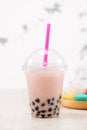 Strawberry Boba Bubble Tea with candy and crushed ice. Royalty Free Stock Photo