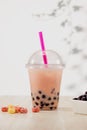 Strawberry Boba Bubble Tea with candy and crushed ice. Royalty Free Stock Photo