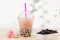 Strawberry Boba Bubble Tea with candy and crushed ice. Royalty Free Stock Photo