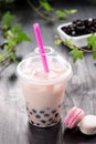 Strawberry Boba Bubble Tea with fruits and crushed ice. Royalty Free Stock Photo