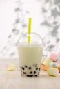 Strawberry Boba Bubble Tea with marshmallow and crushed ice. Royalty Free Stock Photo