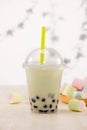 Strawberry Boba Bubble Tea with marshmallow and crushed ice. Royalty Free Stock Photo