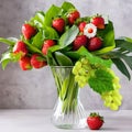 Strawberry bouquet and tulip flowers   in glass vase fruit concept still life Royalty Free Stock Photo