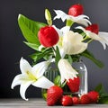 Strawberry bouquet and tulip flowers   in glass vase fruit concept still life Royalty Free Stock Photo