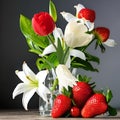 Strawberry bouquet and tulip flowers   in glass vase fruit concept still life Royalty Free Stock Photo