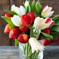 Strawberry bouquet and tulip flowers   in glass vase fruit concept still life Royalty Free Stock Photo