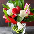 Strawberry bouquet and tulip flowers   in glass vase fruit concept still life Royalty Free Stock Photo