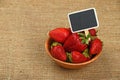 Strawberry in bowl and price sign on canvas