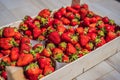 Strawberry box placed on a wooden table, healthy living concept Royalty Free Stock Photo