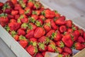 Strawberry box placed on a wooden table, healthy living concept Royalty Free Stock Photo