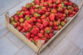 Strawberry box placed on a wooden table, healthy living concept Royalty Free Stock Photo