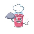 Strawberry bubble tea chef cartoon character serving food on tray