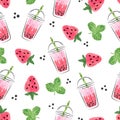 Strawberry bubble tea seamless pattern. Vector background with fruit boba Royalty Free Stock Photo