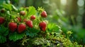 A strawberry bush and a garden background. A close up image with copy space