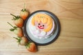 Strawberry cake, children's wooden floor. Royalty Free Stock Photo