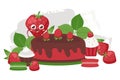 Strawberry cake with chocolate, bread set vector illustration. Mint sweet pastry, quality product. Strawberry character Royalty Free Stock Photo