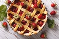 Strawberry cake close up in baking dish, horizontal top view Royalty Free Stock Photo