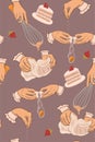 Strawberry cake cooking seamless pattern. Vector graphics