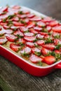 Strawberry cake on the old dark wooden table Royalty Free Stock Photo