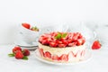 Strawberry cake Fraisier on the white plate and cups Royalty Free Stock Photo