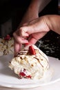 strawberry cake . Pavlova - meringue cake with fresh strawberries. Royalty Free Stock Photo