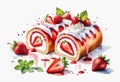 Strawberry cake roll top with whip cream and strawberry, mint on Royalty Free Stock Photo