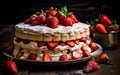 Strawberry cake of vanilla sponge, cream cheese, and fresh strawberries. Royalty Free Stock Photo