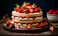 Strawberry cake of vanilla sponge, cream cheese, and fresh strawberries. Royalty Free Stock Photo