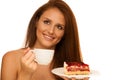 Strawberry cake - wman eats sweet dessert isolated Royalty Free Stock Photo