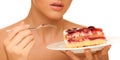 Strawberry cake - wman eats sweet dessert isolated Royalty Free Stock Photo