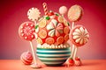 strawberry cakelet with confectionery cream and festive handmade lollipops