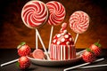 strawberry cakelet with confectionery cream and festive handmade lollipops