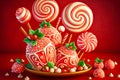 strawberry cakelet with confectionery cream and festive handmade lollipops