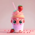 Cute Strawberry Cartoon Milkshake 3D Render Design Mascot