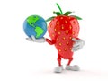Strawberry character holding world globe