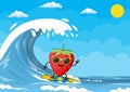 strawberry characters surfing on wave.