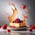 Strawberry cheesecake, dynamic food photography with splash effect