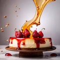 Strawberry cheesecake, dynamic food photography with splash effect