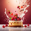 Strawberry cheesecake, dynamic food photography with splash effect