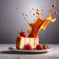 Strawberry cheesecake, dynamic food photography with splash effect